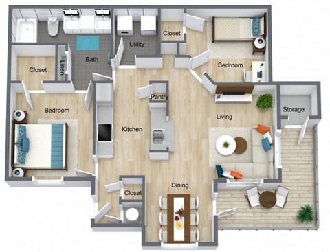 Floor plan for 2 beds, 1 bath, 886 sqft